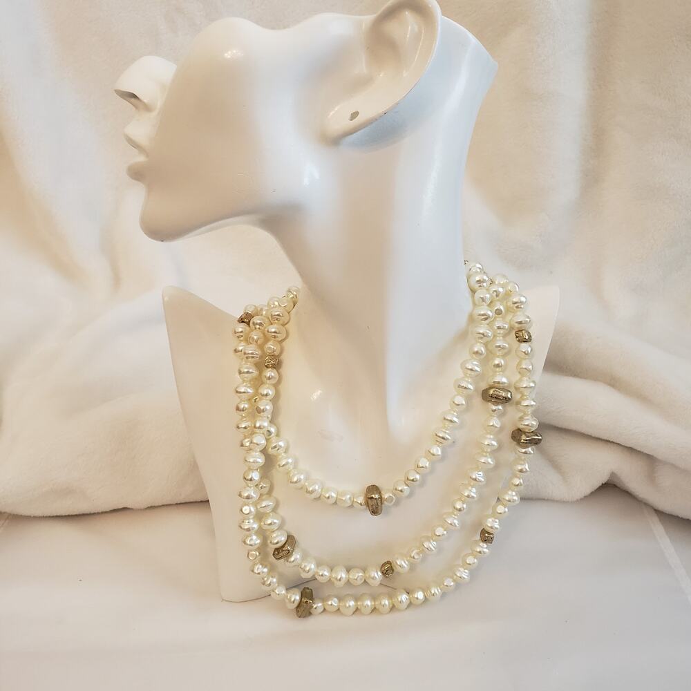 Long Strand Baroque Pearls with Gold Colored Nuggets- 54 Inches